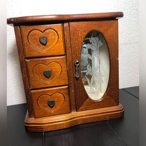 Wooden Jewelry Box with Etched Glass Door - Warm Brown